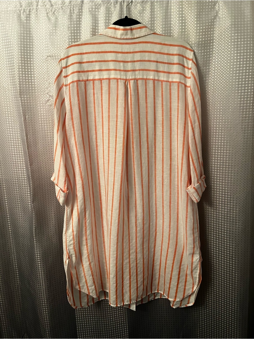 Button-Front Long Striped No Iron Linen Tunic in White and Orange - Picture 4 of 5